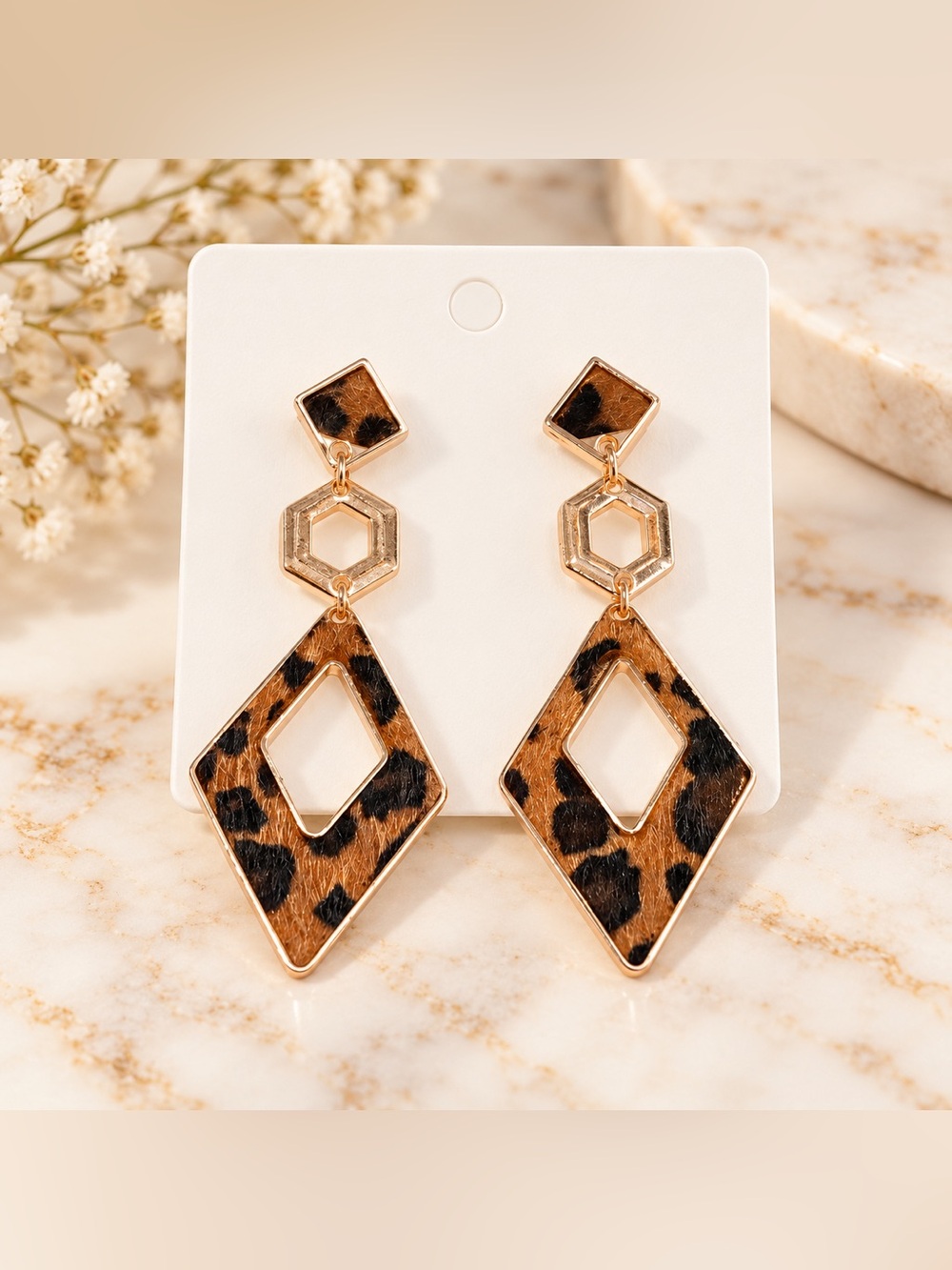 Leopard Print Geometric Drop Earrings - Gold